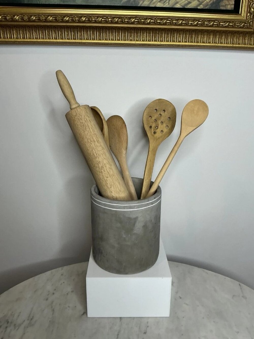 Vintage 6 Piece Wood Kitchen Utensil Set Rolling Pin Spoon Crock Farmhouse
